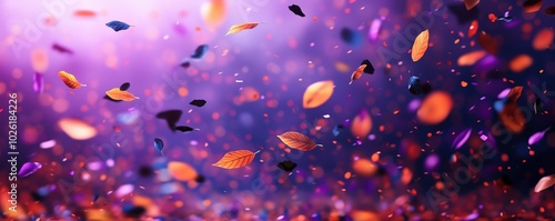 Colorful confetti flying against purple bokeh background. Orange, black and purple paper leaves and shapes, holiday atmosphere. Banner, copy space. Halloween background or backdrop for festive design