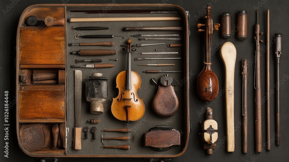 Naklejka premium Tools for microtonal instruments - Featuring tools specifically designed for crafting and tuning microtonal instruments, appealing to musicians 