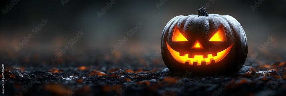 Fototapeta premium Scary carved pumpkin jack o lantern with glowing fiery evil eyes and mouth on dark background. Halloween banner with copy space. Concept of spooky holiday decorations