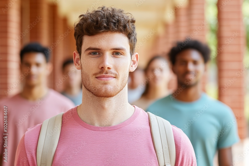 Students with backpacks walking towards a university building.