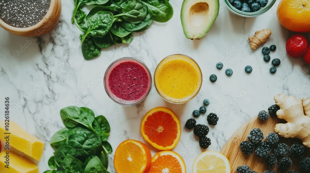 Top-down shot of a clean, minimalist kitchen counter featuring a colorful detox smoothie, surrounded by raw ingredients such as spinach, ginger, berries, Top-down shot of a clean, minimalist kitchen counter featuring a colorful detox smoothie, surrounded by raw ingredients such as spinach, ginger, berries,