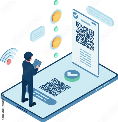 Isometric Businessman Making QR Code Payment with Smartphone