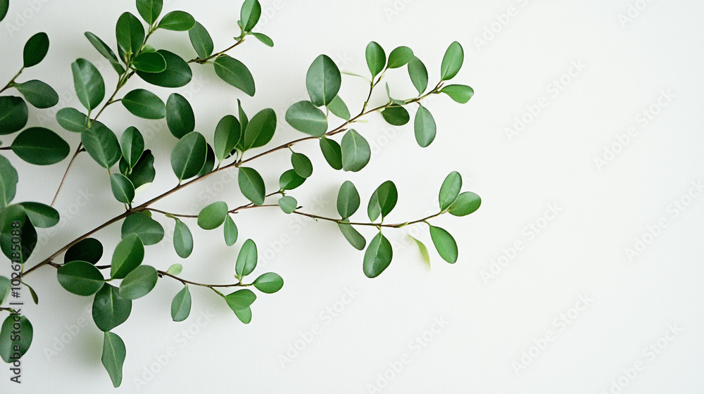 A close-up view of fresh green leaves on a branch against a light background in natural light A close-up view of fresh green leaves on a branch against a light background in natural light
