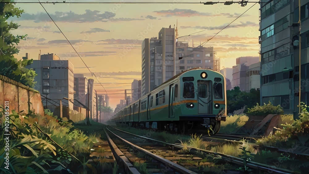 Naklejka premium ゲーム背景 夕方の下ローカル電車がとめられた田舎都市風景