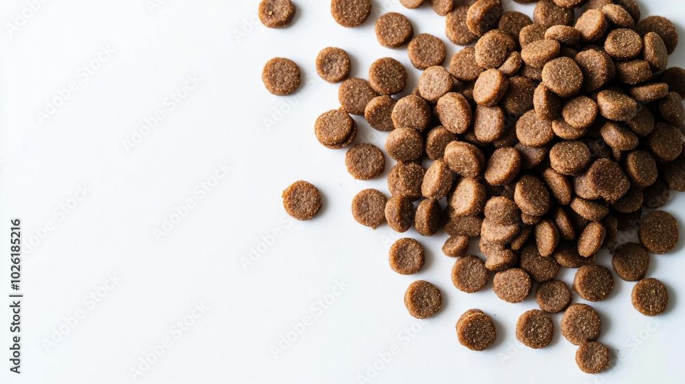 Brown pet food scattered on a white surface with a focus on its texture and shape Brown pet food scattered on a white surface with a focus on its texture and shape
