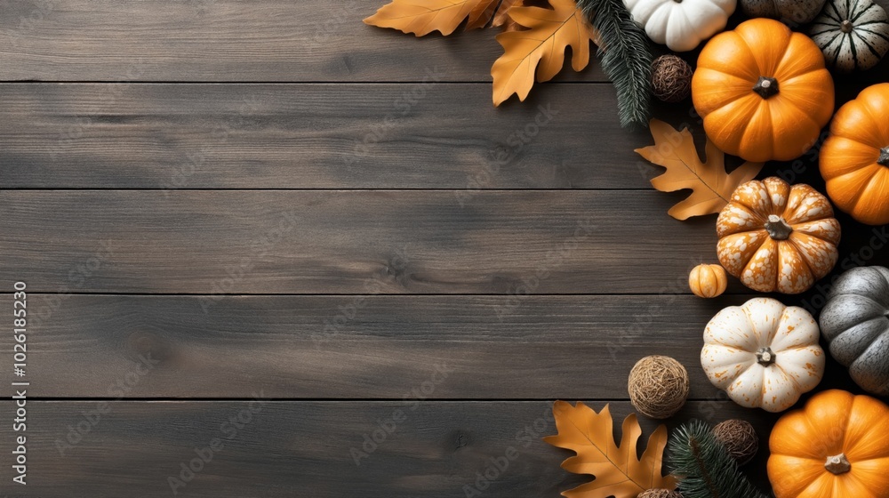 Autumnal arrangement of various pumpkins and gourds with dried leaves and pine sprigs on a dark wooden background, creating a seasonal decorative border. Autumnal arrangement of various pumpkins and gourds with dried leaves and pine sprigs on a dark wooden background, creating a seasonal decorative border.