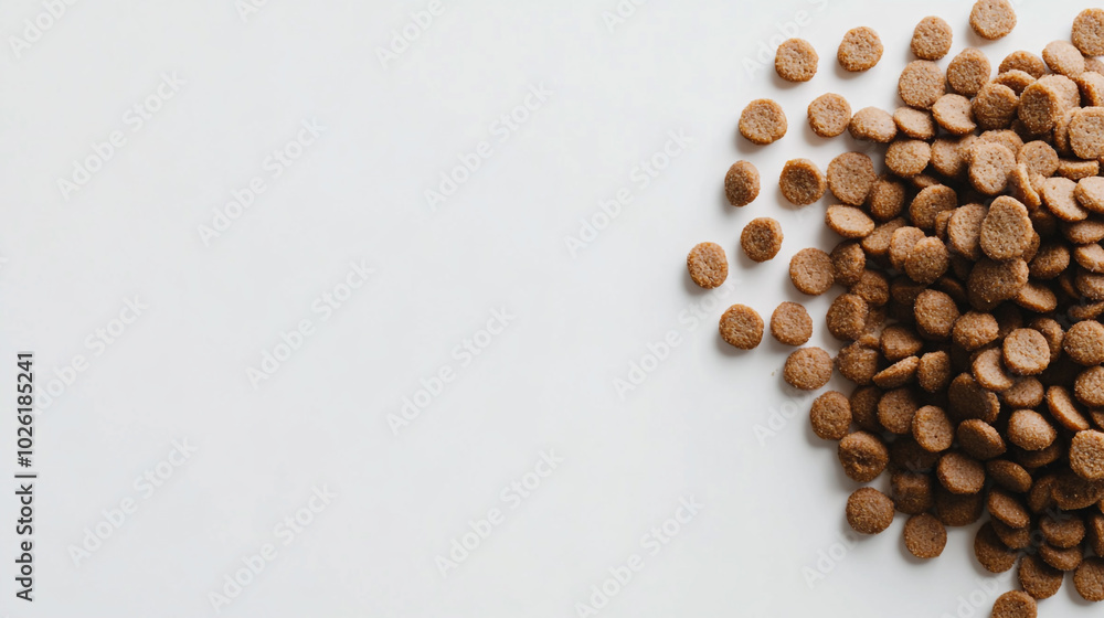 Brown pet food scattered on a white background, showcasing various shapes and sizes of kibble pieces Brown pet food scattered on a white background, showcasing various shapes and sizes of kibble pieces
