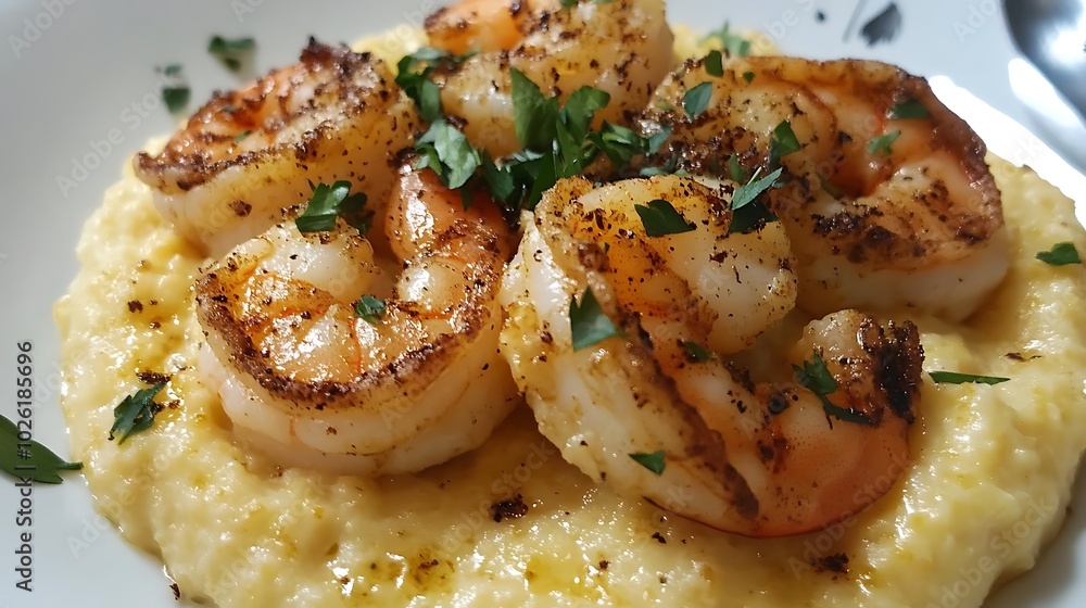 bowl of shrimp and grits dish topped with grated parmesan cheese bowl of shrimp and grits dish topped with grated parmesan cheese
