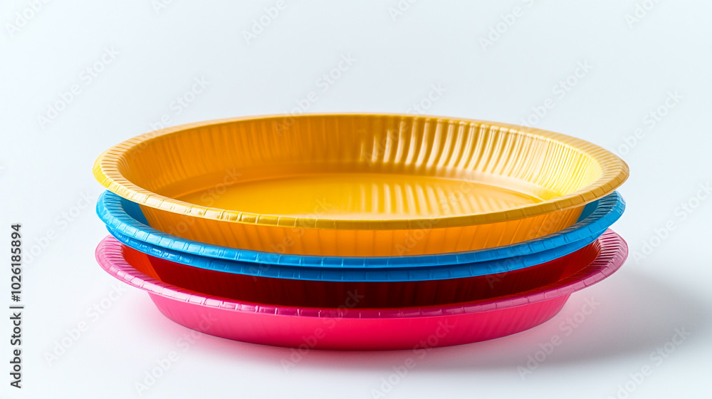 Colorful stacked paper plates in yellow, blue, and pink against a white background Colorful stacked paper plates in yellow, blue, and pink against a white background