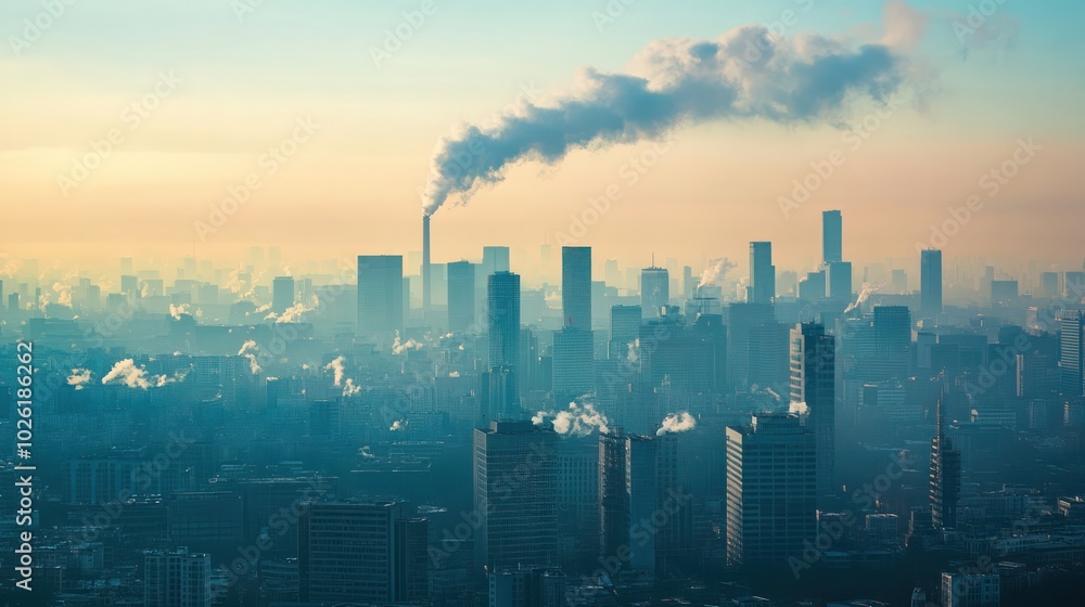A city skyline with pollution control systems in place, ensuring a cleaner and more sustainable environment. A city skyline with pollution control systems in place, ensuring a cleaner and more sustainable environment.