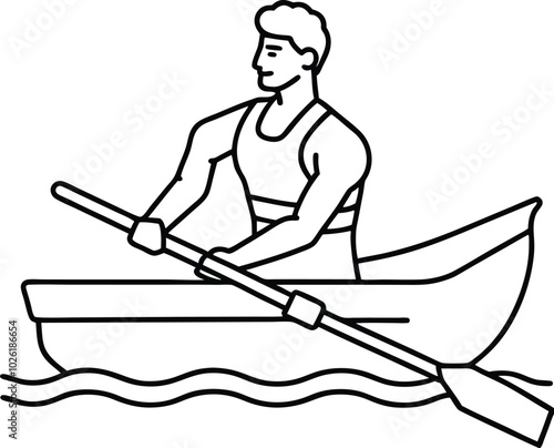 Outline vector illustration river transport of Wooden fishing canoe with paddle. Line sketch of boat. people kayak canoe boat summer activity sport lifestyle one line art design.
