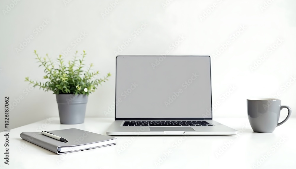 Fototapeta premium A clean, minimalist desk setup with a laptop, notebook, and potted plant, with a white background