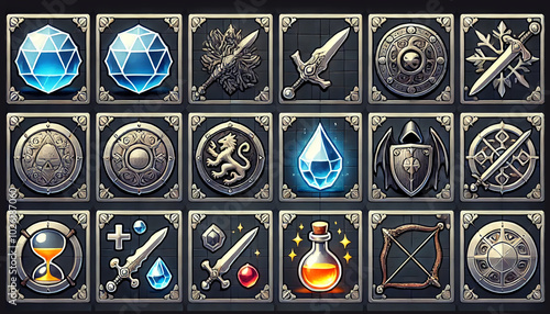 Set of RPG Fantasy Icons with Weapons and Gems