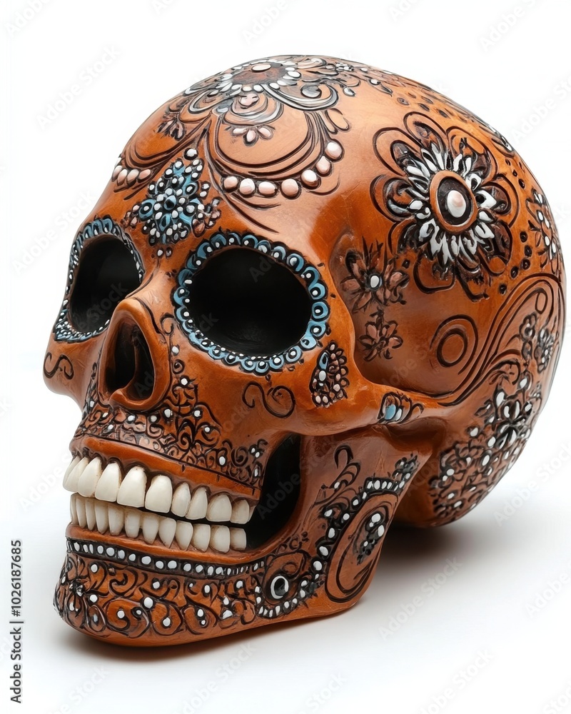 A decorative clay skull with intricate hand-painted details isolated on white background. A decorative clay skull with intricate hand-painted details isolated on white background.