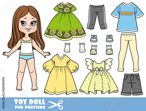Cartoon girl with straight hair and denim shorts, sandals, light dresses for the summer wardrobe