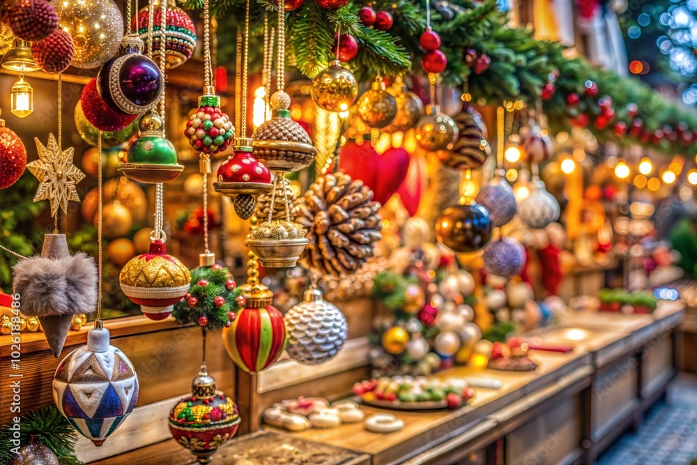Fototapeta premium Colorful christmas ornament holiday border at festive market stall