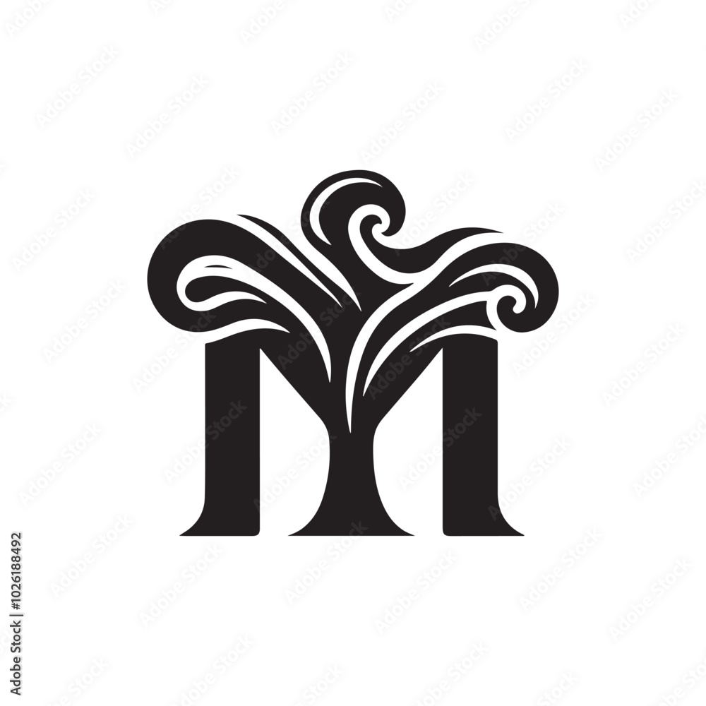 Stylish and creative letter M silhouette icon with tree Stylish and creative letter M silhouette icon with tree