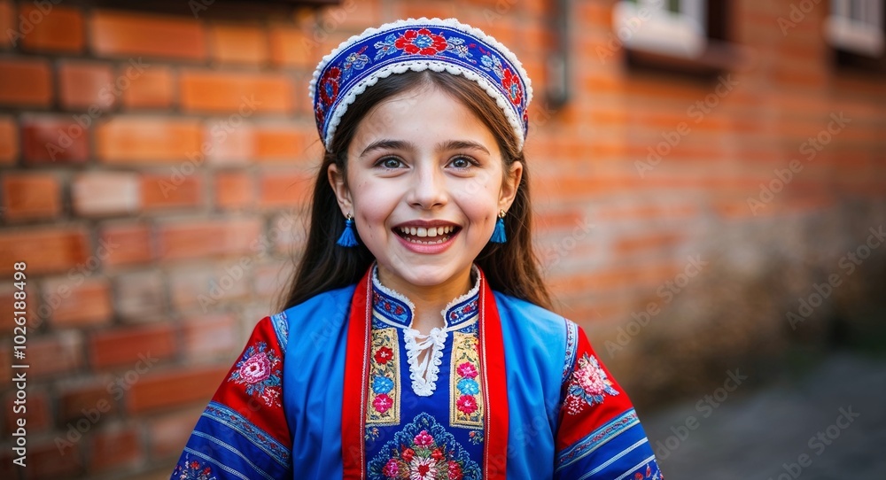 Fototapeta premium Armenian girl in traditional attire joyful expression portrait photo cultural setting