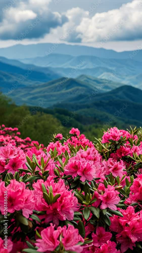 Pink azaleas with mountain landscape and cloudy sky, nature and tranquility concept Pink azaleas with mountain landscape and cloudy sky, nature and tranquility concept