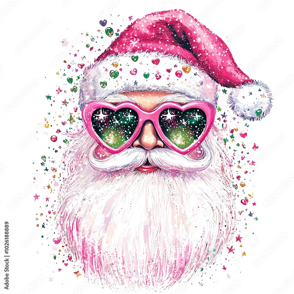 Obraz premium Festive illustration of a jolly Santa Claus wearing heart-shaped sunglasses, surrounded by colorful sparkles and holiday cheer.
