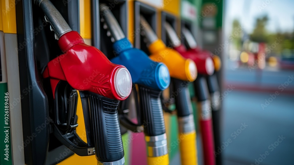 Three colorful gas pump nozzles hang on a yellow dispenser at a gas station. Three colorful gas pump nozzles hang on a yellow dispenser at a gas station.