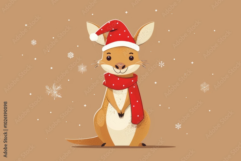 Festive kangaroo with santa hat and scarf in winter wonderland Festive kangaroo with santa hat and scarf in winter wonderland