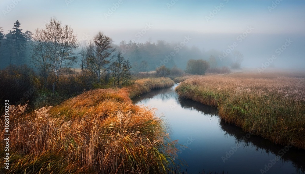 autumn morning foggy landscape sad view of an overgrown narrow stream in a marshy area with a coastal lush dry reed and light forest in twilight haze in overcast weather autumn morning foggy landscape sad view of an overgrown narrow stream in a marshy area with a coastal lush dry reed and light forest in twilight haze in overcast weather