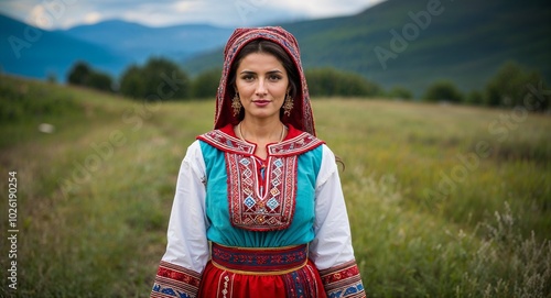 Georgian woman in traditional attire proud expression portrait photo rural setting