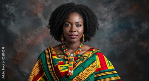Ghanaian woman in kente cloth proud expression portrait photo festive landscape