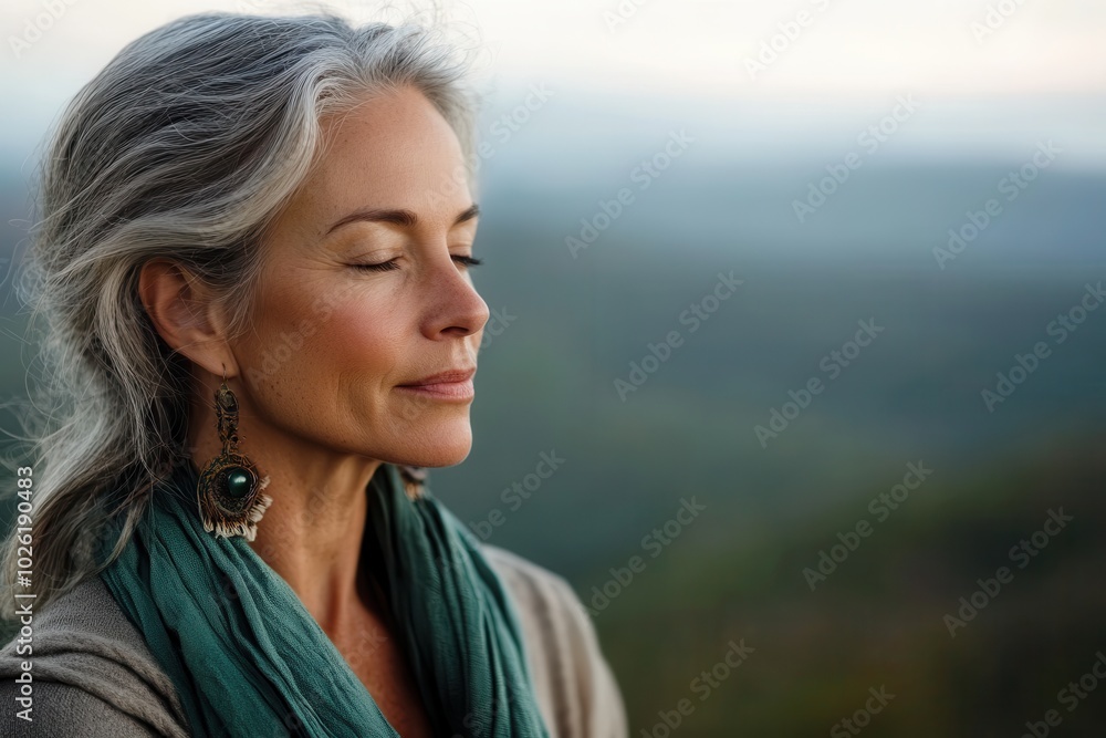 A serene portrait of a older woman embracing nature, practicing mindfulness and inner peace in a tranquil outdoor setting. A serene portrait of a older woman embracing nature, practicing mindfulness and inner peace in a tranquil outdoor setting.