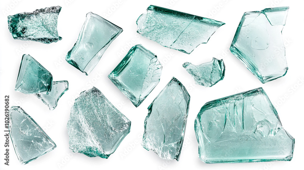 Obraz premium Shattered glass pieces scattered across a white surface in abstract arrangement