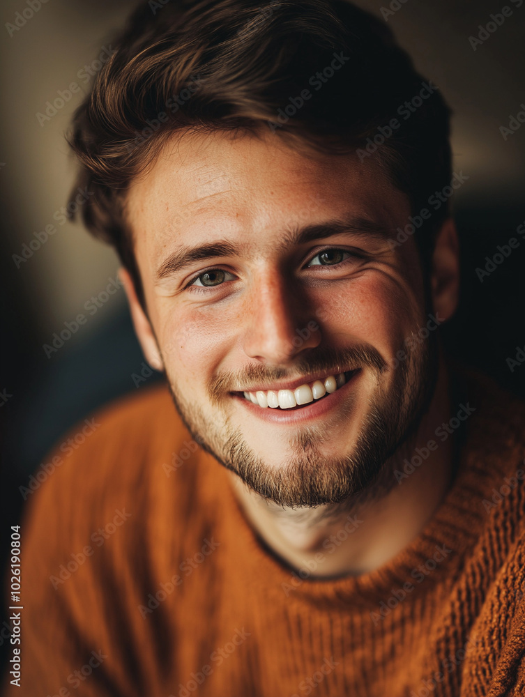 Fototapeta premium Smiling Man in Warm Indoor Lighting, Close-Up