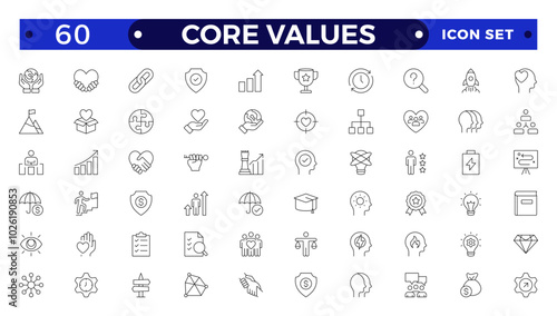 Core Values outline icons set. Vector illustration in modern thin line style of business related icons: integrity, growth, goal, trust, passion, white salary, social package.