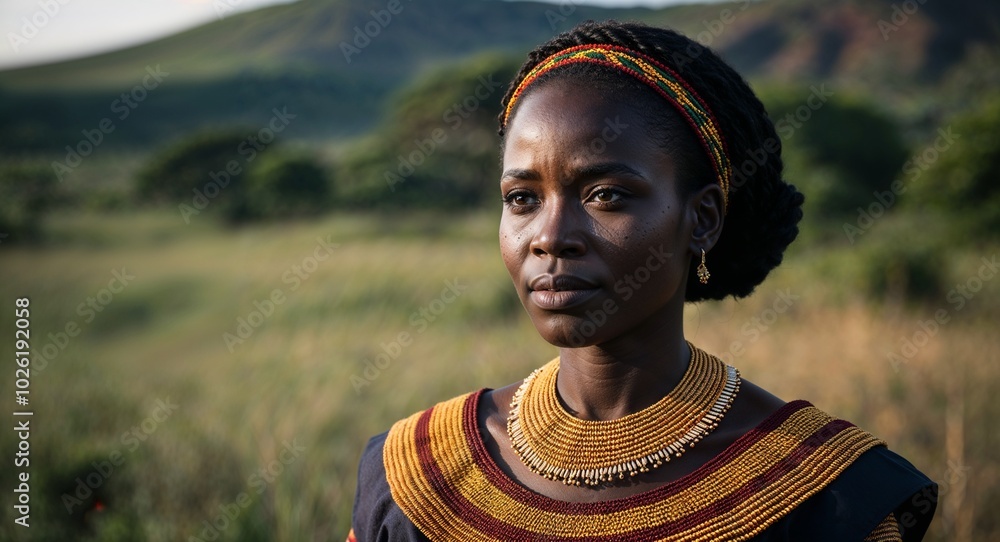 Rwandan woman in umushanana dress calm expression portrait photo nature landscape Rwandan woman in umushanana dress calm expression portrait photo nature landscape