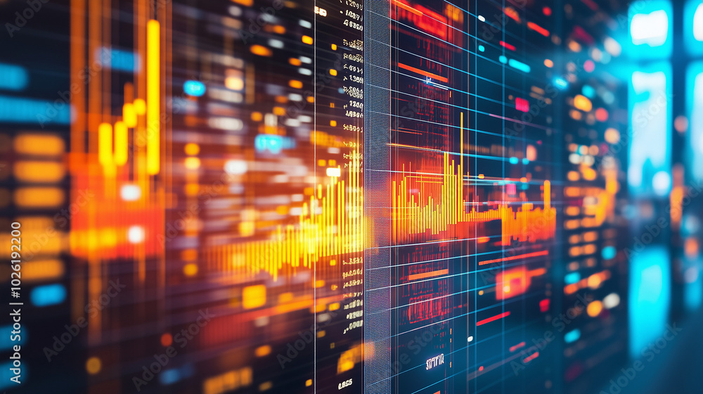Fototapeta premium Bond market risk premiums visualized through futuristic analytics dashboards, highlighting yield spreads and investment risks across various bonds in real-time.