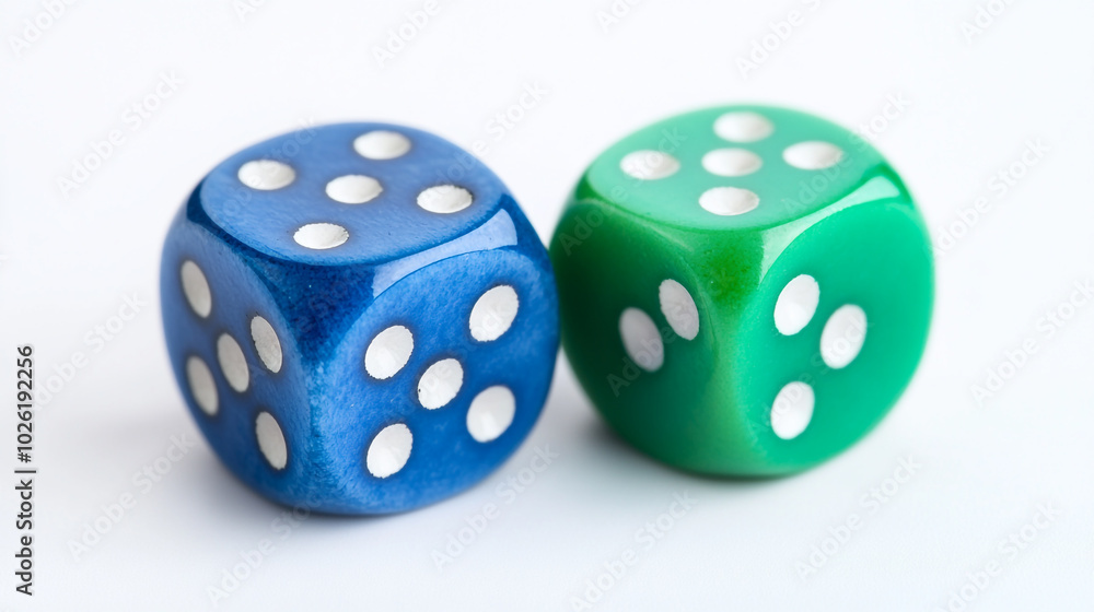 Colorful blue and green dice resting on a light surface ready for a game night adventure Colorful blue and green dice resting on a light surface ready for a game night adventure