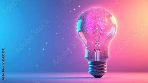 Glass light bulb with glowing digital nodes symbolizing creativity, technology, and innovation on a gradient background