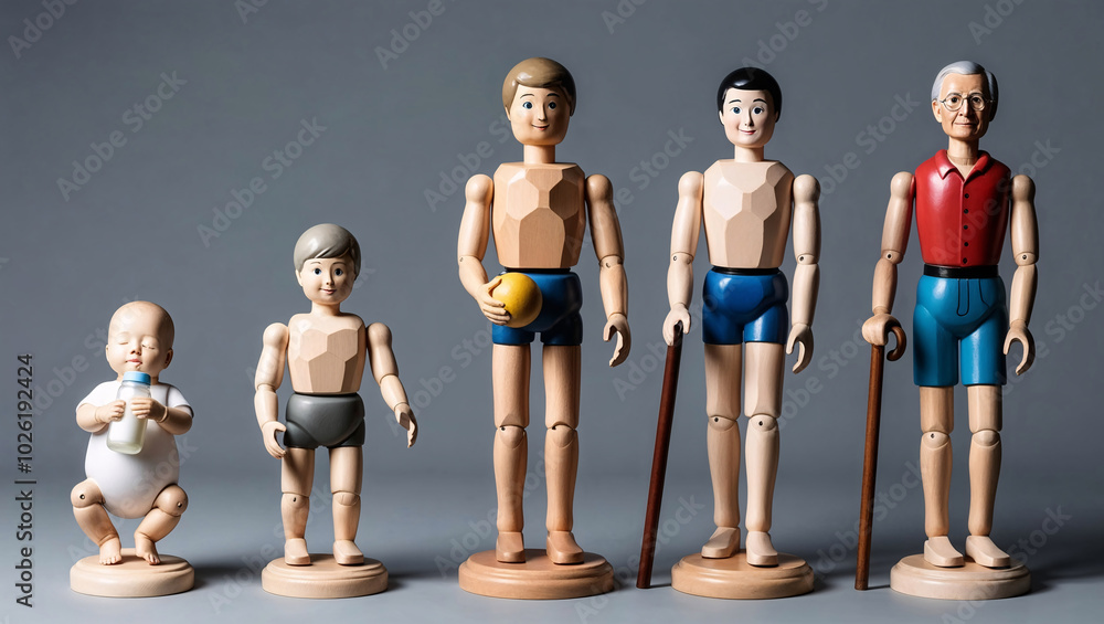 Fototapeta premium wooden mannequin in a row, five wooden mannequins , stages of human life