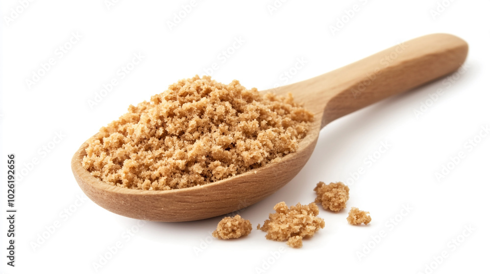 Brown sugar piled in a wooden spoon against a plain background for culinary use Brown sugar piled in a wooden spoon against a plain background for culinary use