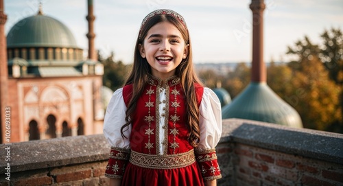 Turkish girl in Ottoman inspired attire joyful expression portrait photo historical backdrop photo