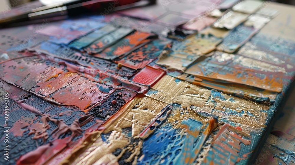 Vibrant textured painting in progress on a wooden canvas at an artist's studio, showcasing colorful abstract patterns and layers Vibrant textured painting in progress on a wooden canvas at an artist's studio, showcasing colorful abstract patterns and layers