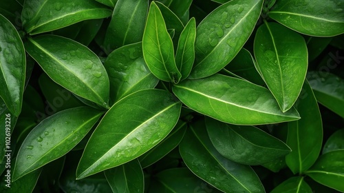 Wallpaper Mural Close-up of vibrant green leaves with visible water droplets, highlighting natural textures and freshness in a plant foliage arrangement. Torontodigital.ca