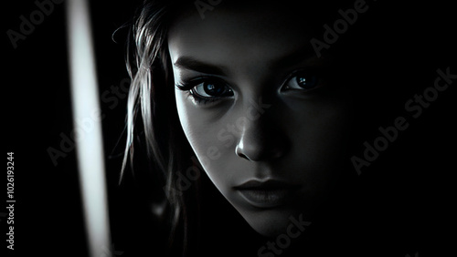 Portrait of a beautiful young girl in a beam of light on a dark background