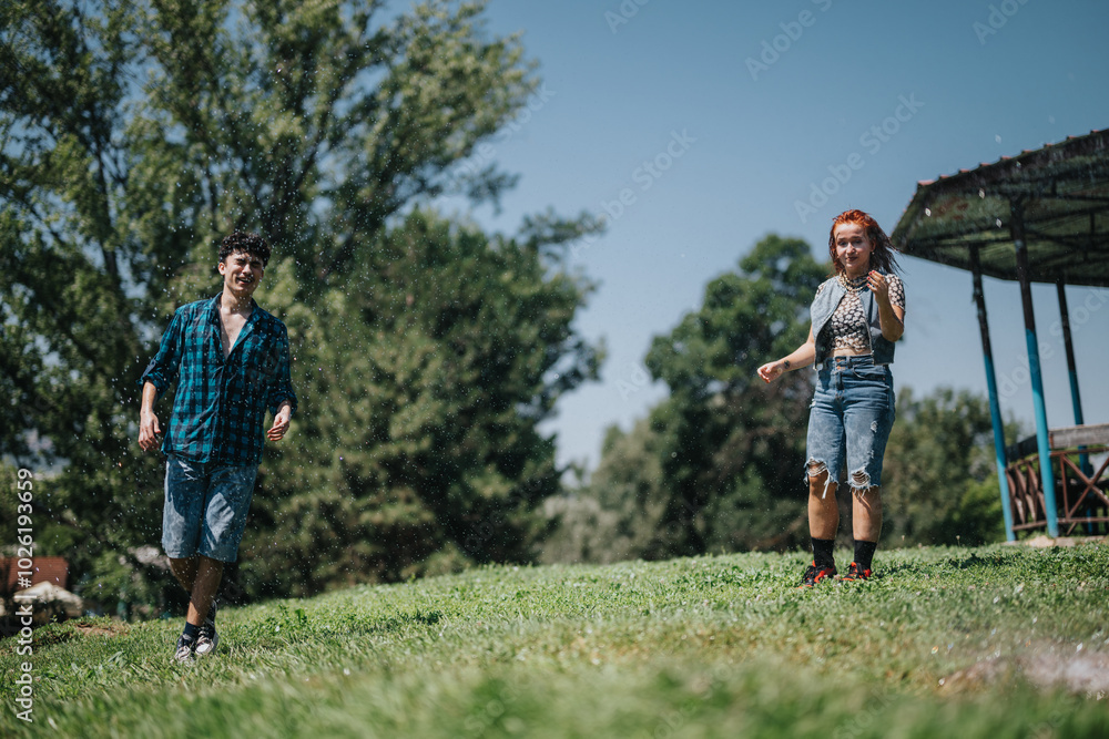 Group of friends enjoying a fun moment at the fountain in a sunny park, capturing joy and friendship on a bright summer day. Group of friends enjoying a fun moment at the fountain in a sunny park, capturing joy and friendship on a bright summer day.