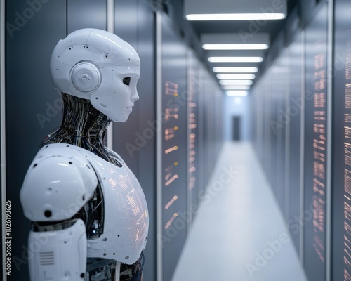 A futuristic robot stands in a high-tech server room, showcasing advanced technology and artificial intelligence.