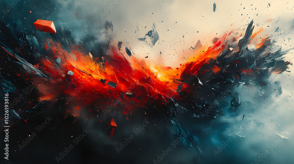 A chaotic explosion of fiery red and dark blue hues, with shards of rock and debris flying through the air. The painting's dynamic composition and contrasting colors evoke a sense of raw power. A chaotic explosion of fiery red and dark blue hues, with shards of rock and debris flying through the air. The painting's dynamic composition and contrasting colors evoke a sense of raw power.