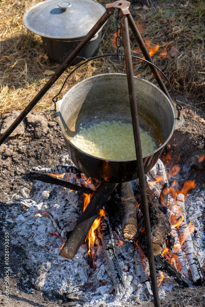 Cook vegetables food on a campfire while hiking. Frying onion for borscht. Soup in a cauldron outdoor. Camping and tourism. Firewood fire in nature Cook vegetables food on a campfire while hiking. Frying onion for borscht. Soup in a cauldron outdoor. Camping and tourism. Firewood fire in nature