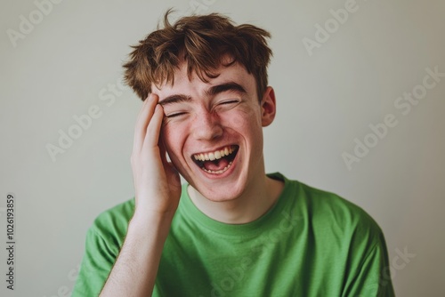 A joyful young man laughing with genuine happiness. His vibrant green shirt complements the light background. Perfect for expressing joy and positivity. Generative AI