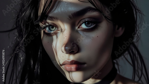 Portrait of a beautiful young girl in a beam of light on a dark background