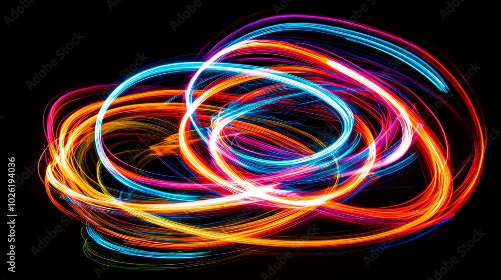 Abstract neon light trails swirling in a dark background. Abstract neon light trails swirling in a dark background.
